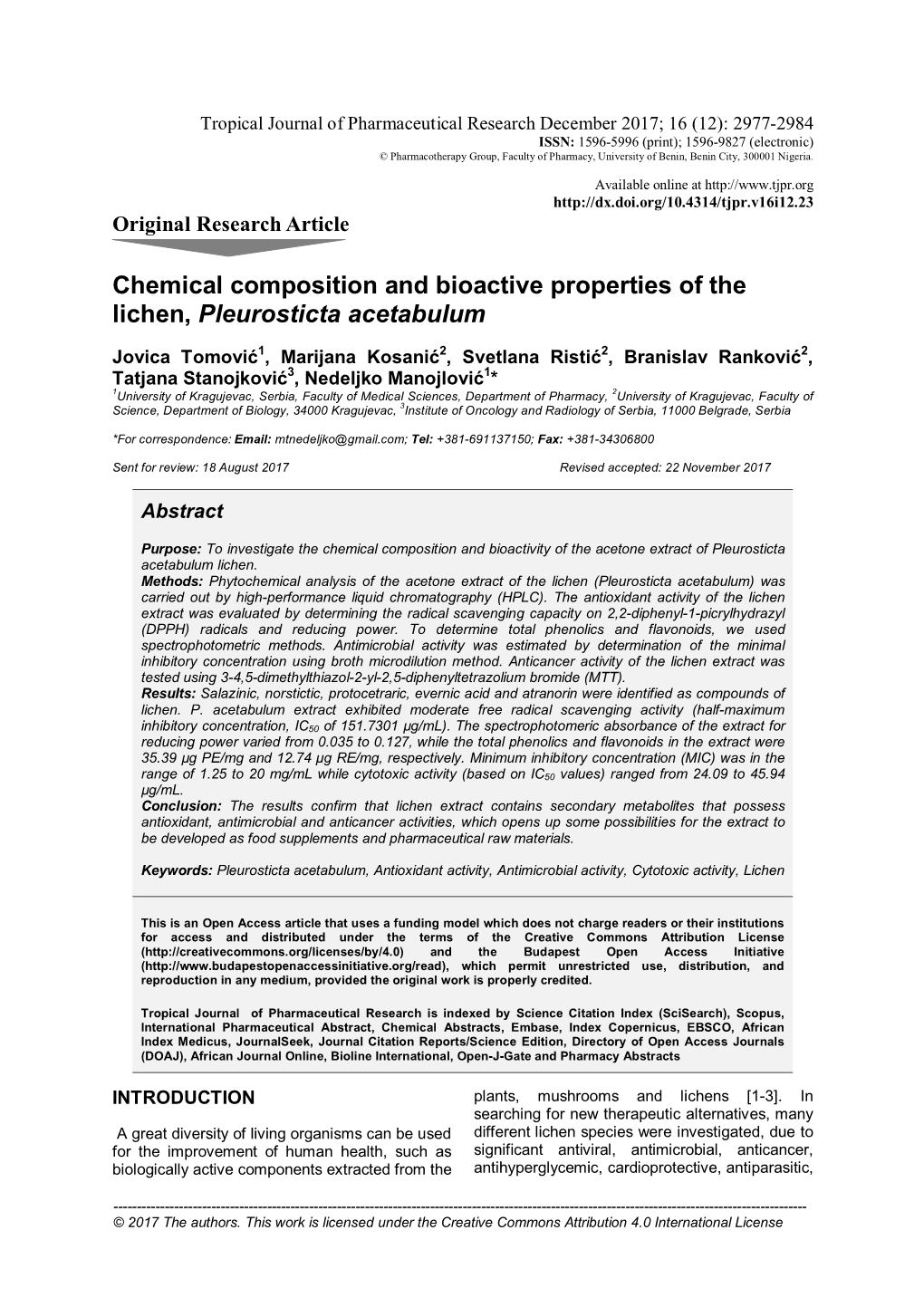 Chemical Composition and Bioactive Properties of the Lichen, Pleurosticta Acetabulum