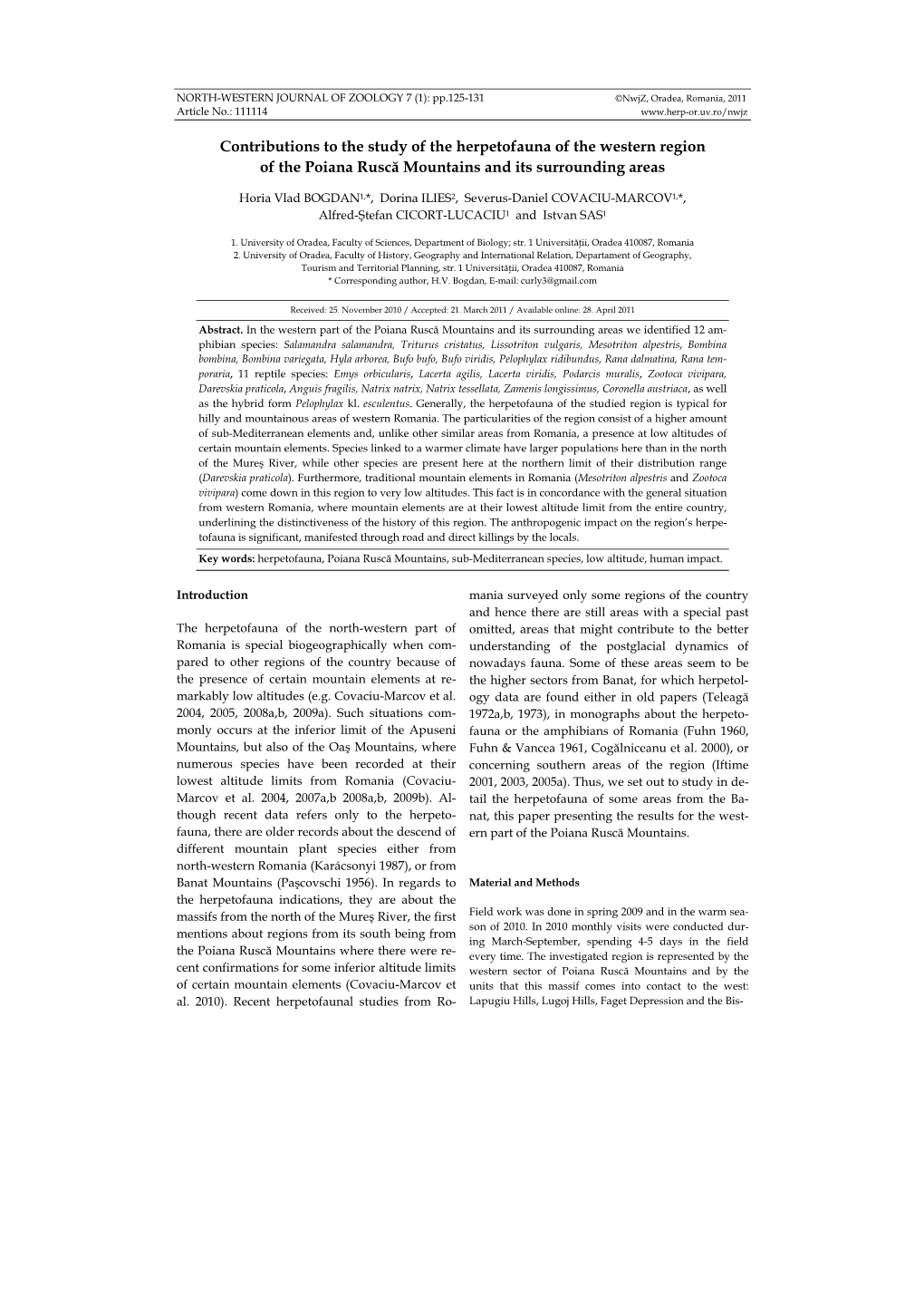 Contributions to the Study of the Herpetofauna of the Western Region of the Poiana Ruscă Mountains and Its Surrounding Areas