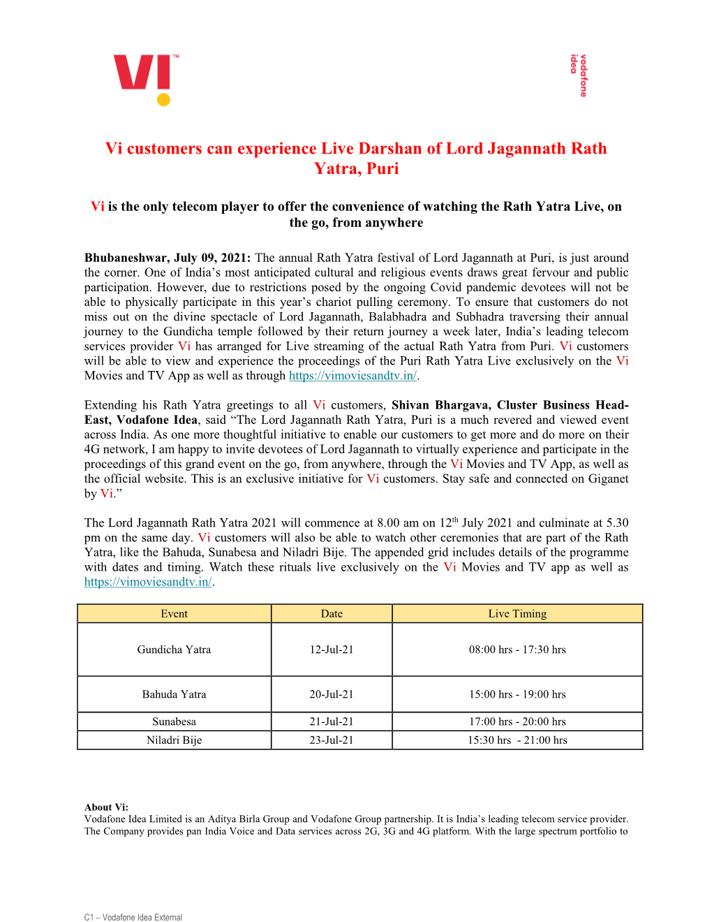 Vi Customers Can Experience Live Darshan of Lord Jagannath Rath Yatra, Puri