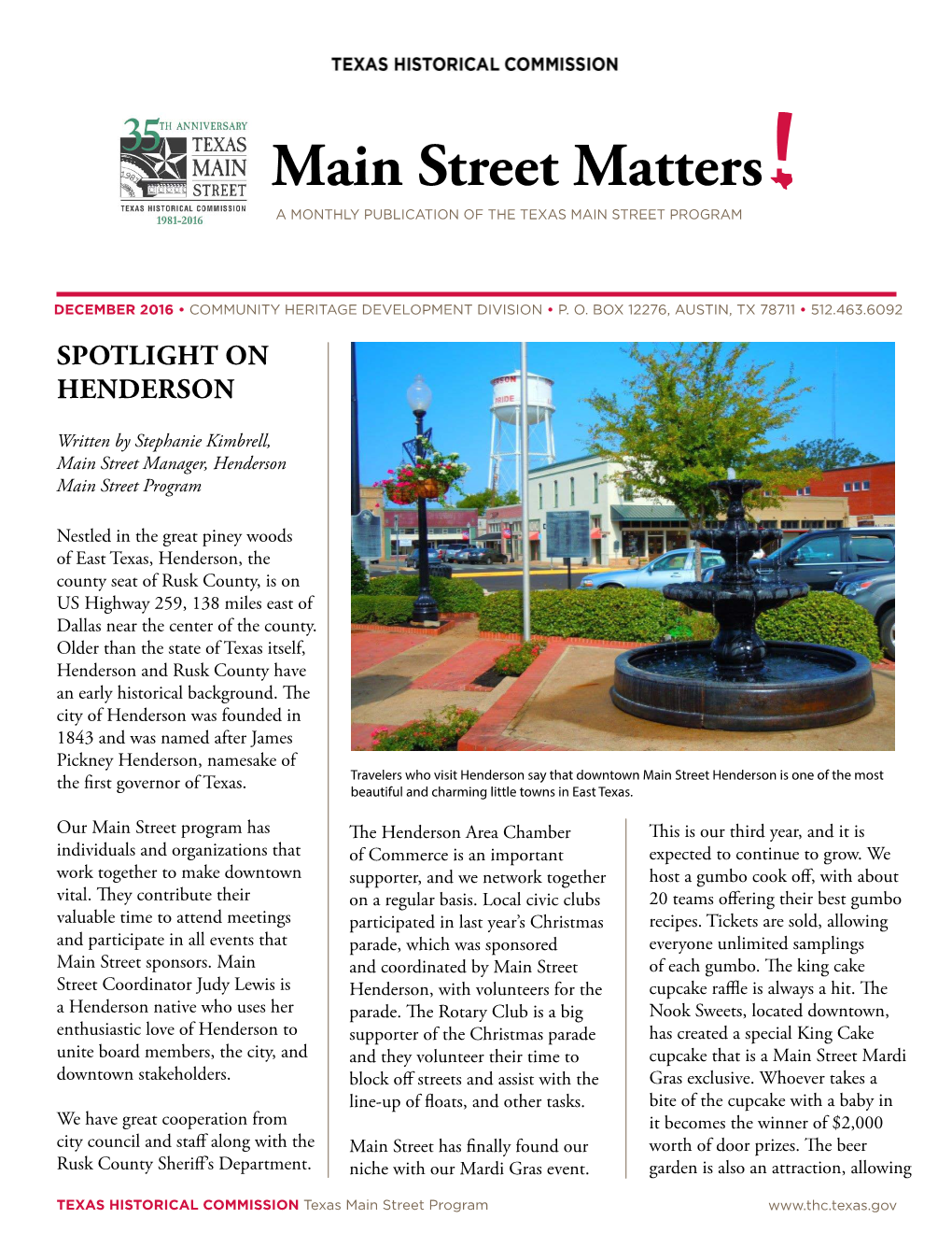 Main Street Matters a MONTHLY PUBLICATION of the TEXAS MAIN STREET PROGRAM