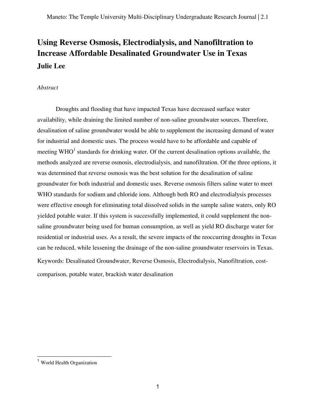 Using Reverse Osmosis, Electrodialysis, and Nanofiltration to Increase Affordable Desalinated Groundwater Use in Texas