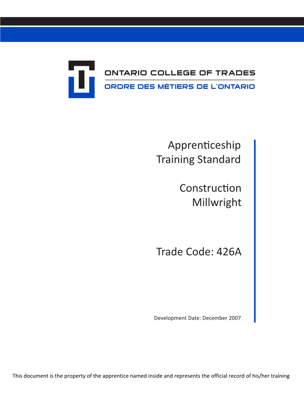 Apprenticeship Training Standard Construction Millwright Trade Code