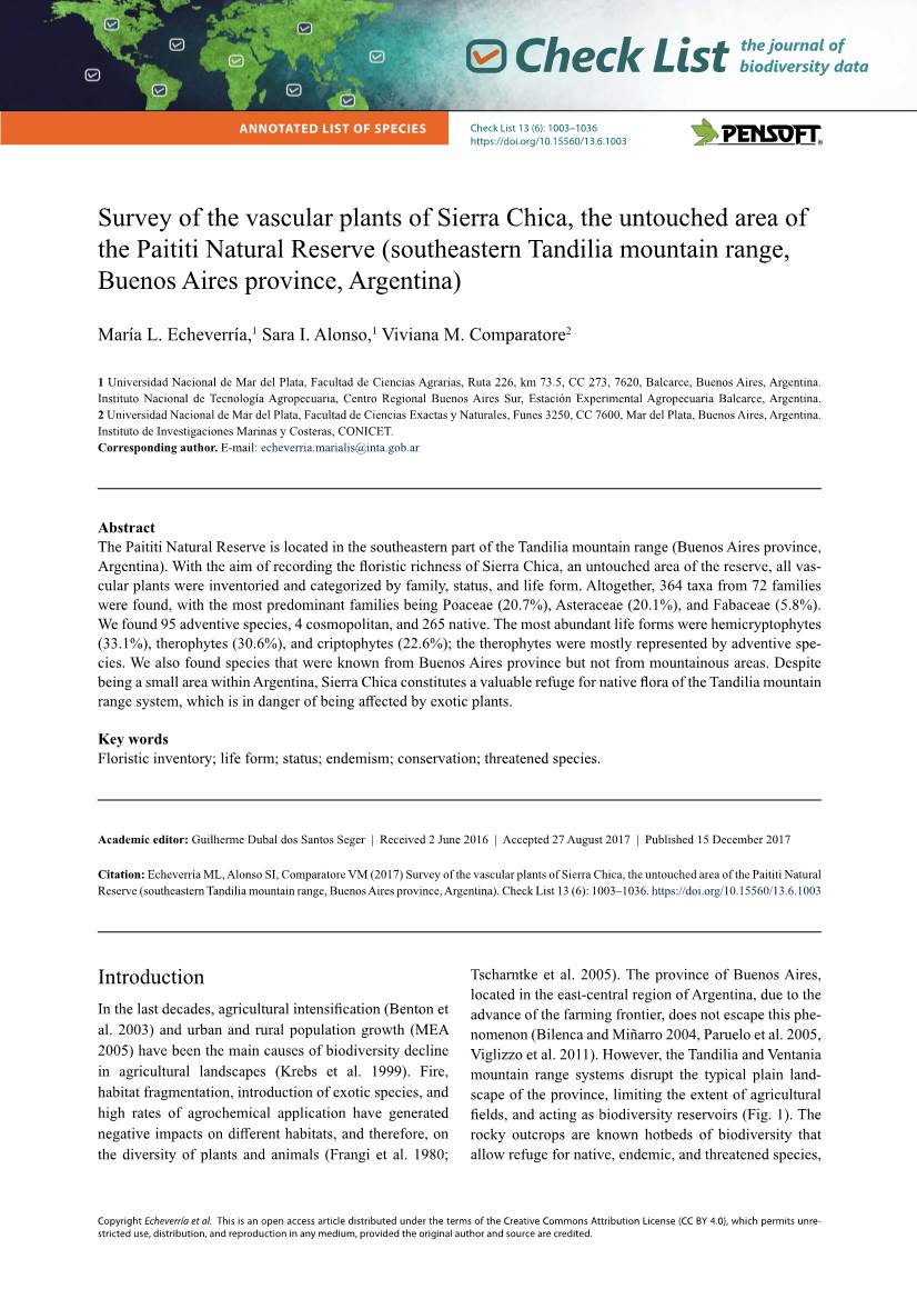 Survey of the Vascular Plants of Sierra Chica, the Untouched Area of The