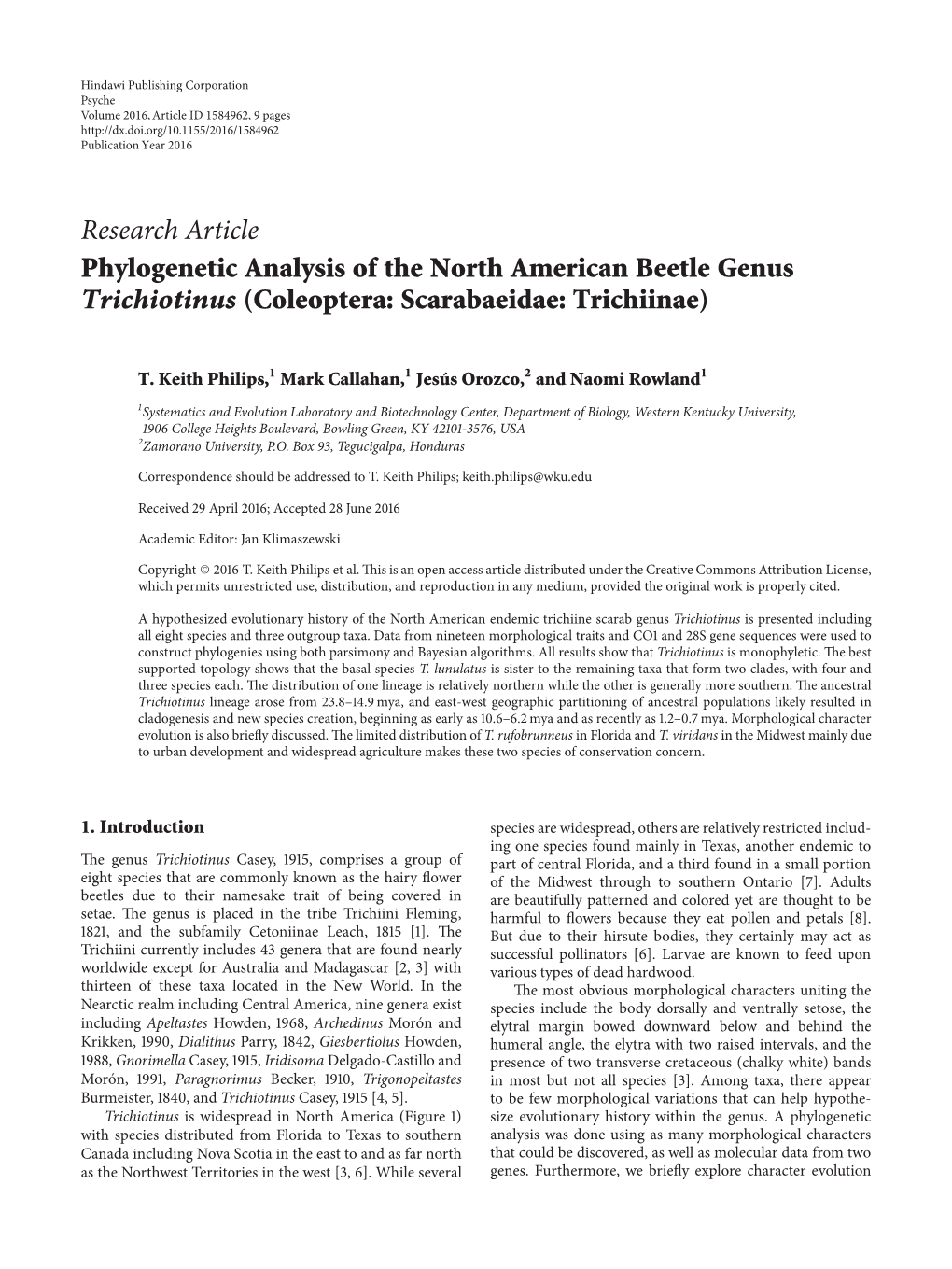 Research Article Phylogenetic Analysis of the North American Beetle Genus Trichiotinus (Coleoptera: Scarabaeidae: Trichiinae)