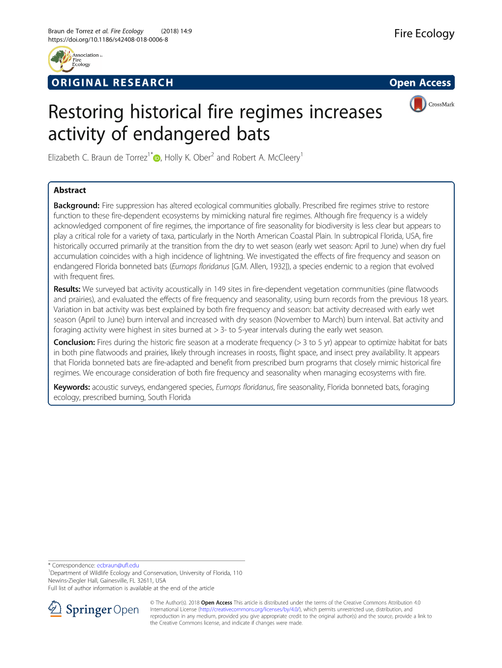 Restoring Historical Fire Regimes Increases Activity of Endangered Bats Elizabeth C