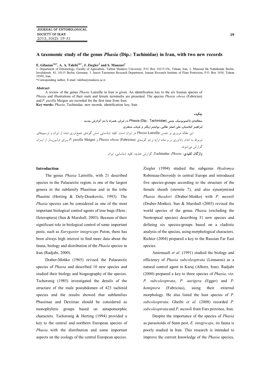 A Taxonomic Study of the Genus Phasia (Dip.: Tachinidae) in Iran, with Two New Records