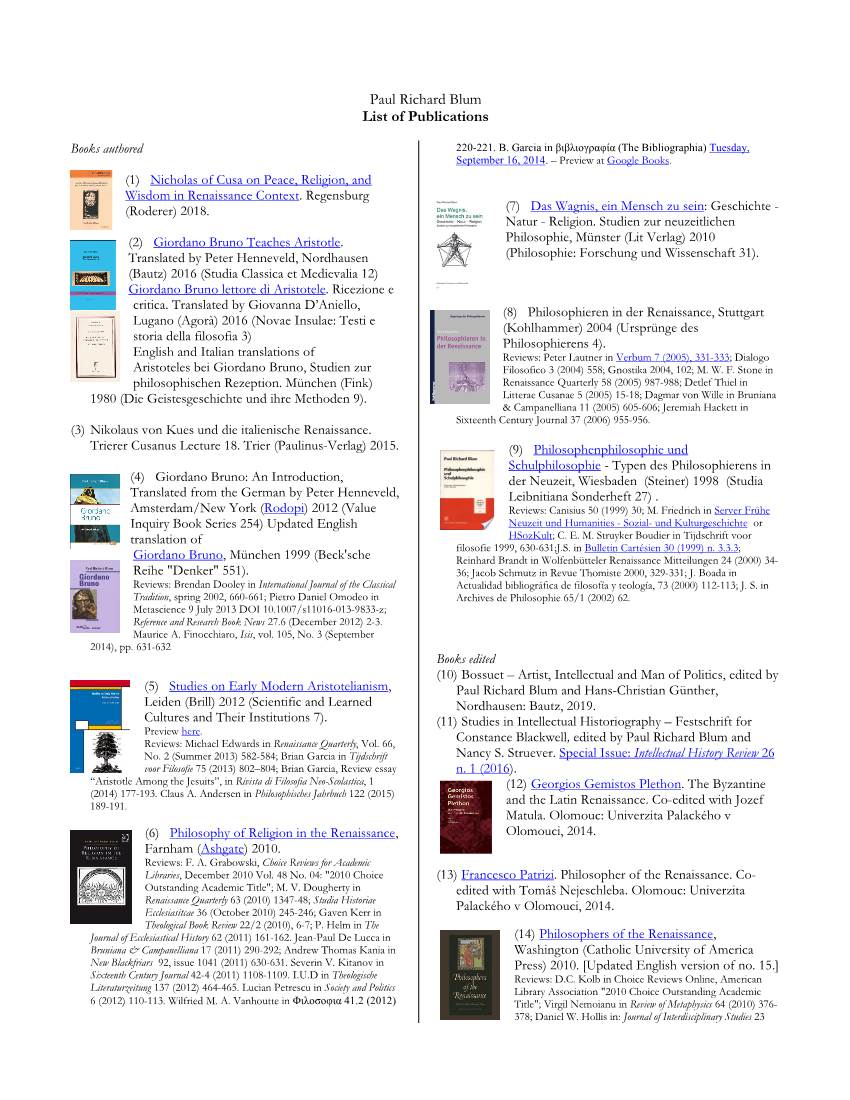 Paul Richard Blum List of Publications