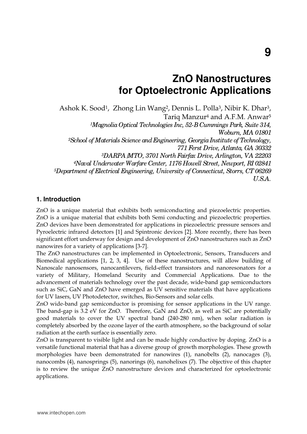 Zno Nanostructures for Optoelectronic Applications