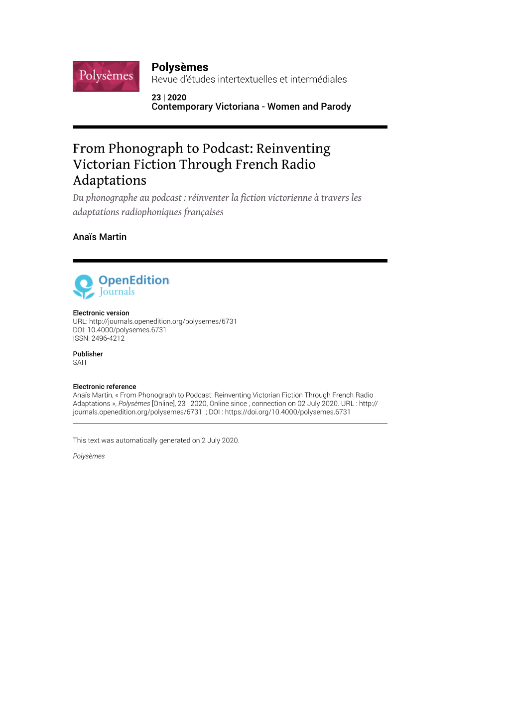 Polysèmes, 23 | 2020 from Phonograph to Podcast: Reinventing Victorian Fiction Through French Radi