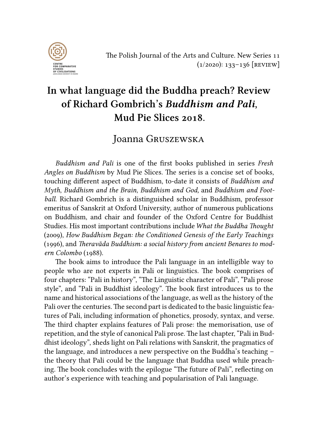 Review of Richard Gombrich's Buddhism and Pali,Mud Pie Slices