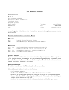 Prof. Alessandro Lanzafame Curriculum Vitae Contact Prof. Alessandro Lanzafame Department of Physics and Astronomy Astrophysics