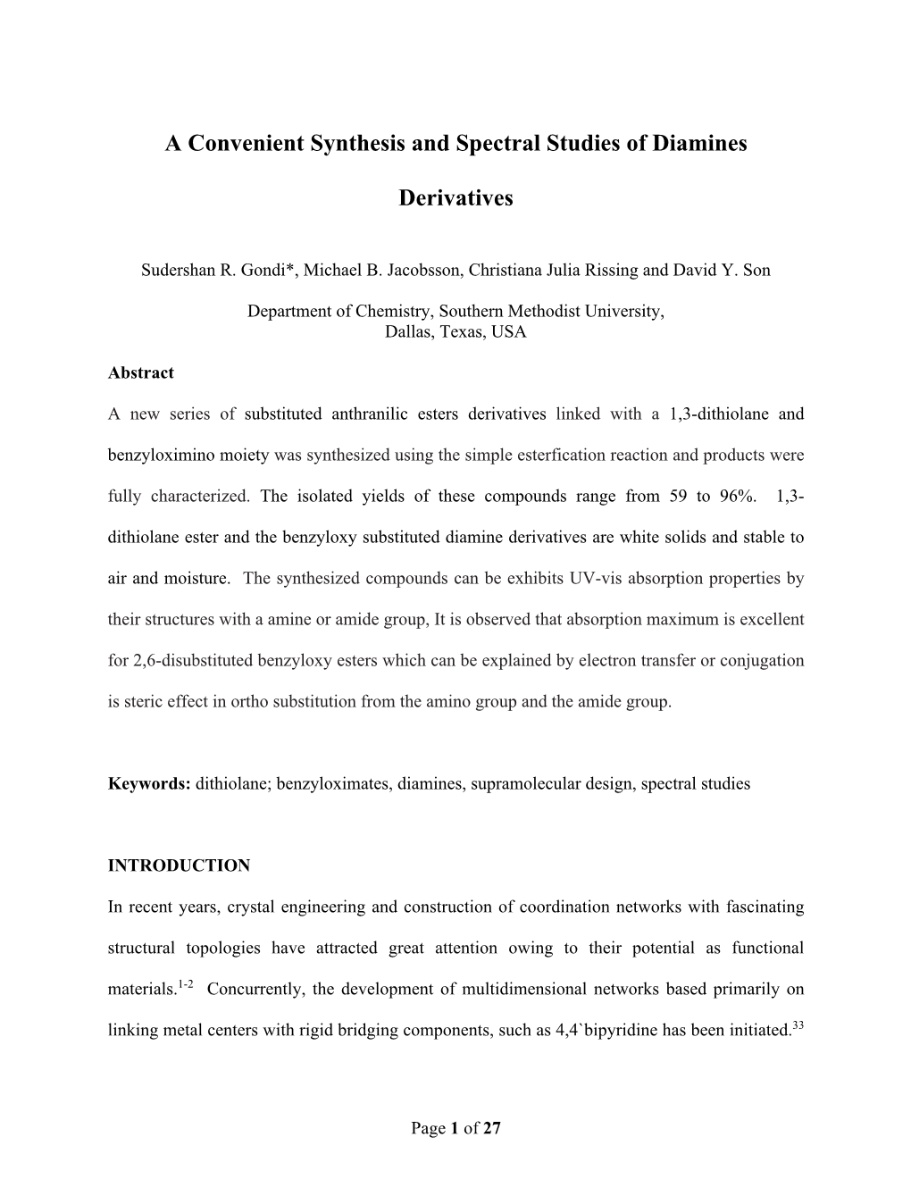 A Convenient Synthesis and Spectral Studies of Diamines Derivatives