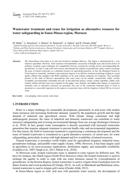 Wastewater Treatment and Reuse for Irrigation As Alternative Resource for Water Safeguarding in Souss-Massa Region, Morocco