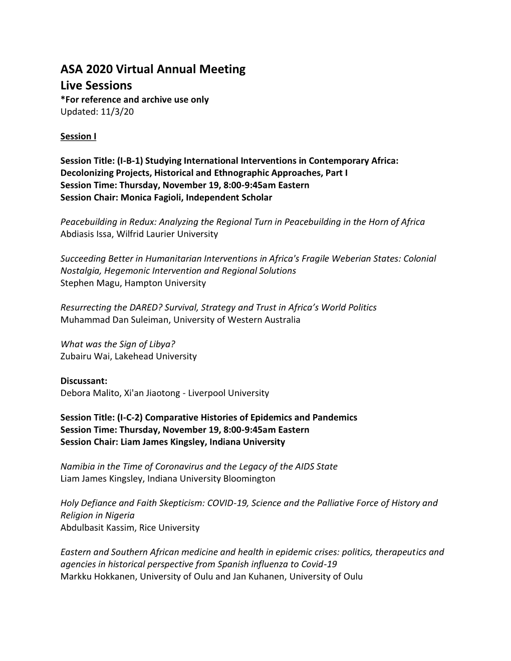 ASA 2020 Virtual Annual Meeting Live Sessions *For Reference and Archive Use Only Updated: 11/3/20