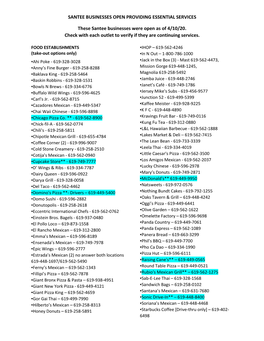 SANTEE BUSINESSES OPEN PROVIDING ESSENTIAL SERVICES These Santee Businesses Were Open As of 4/10/20. Check with Each Outlet To