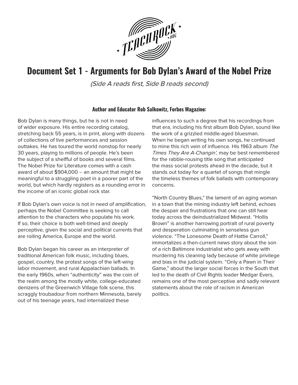 Document Set 1 - Arguments for Bob Dylan’S Award of the Nobel Prize (Side a Reads First, Side B Reads Second)