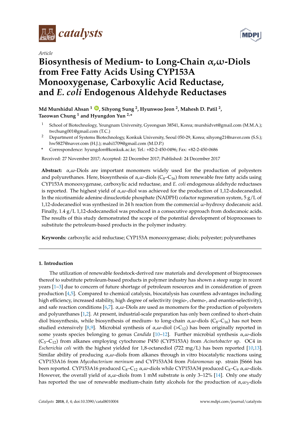 To Long-Chain ,-Diols from Free Fatty Acids Using CYP153A