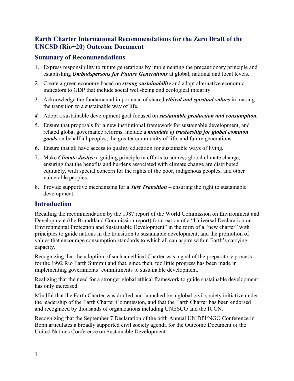 (Rio+20) Outcome Document Summary of Recommendations 1