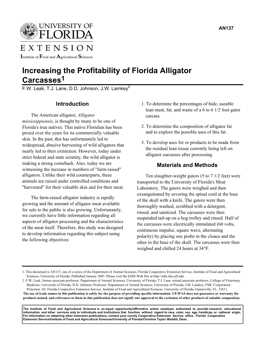 Increasing the Profitability of Florida Alligator Carcasses1 F.W