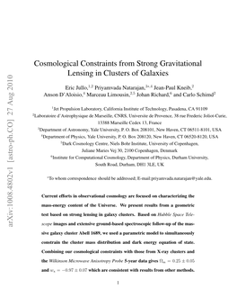 Cosmological Constraints from Strong Gravitational Lensing in Clusters of Galaxies Arxiv:1008.4802V1 [Astro-Ph.CO] 27 Aug 2010