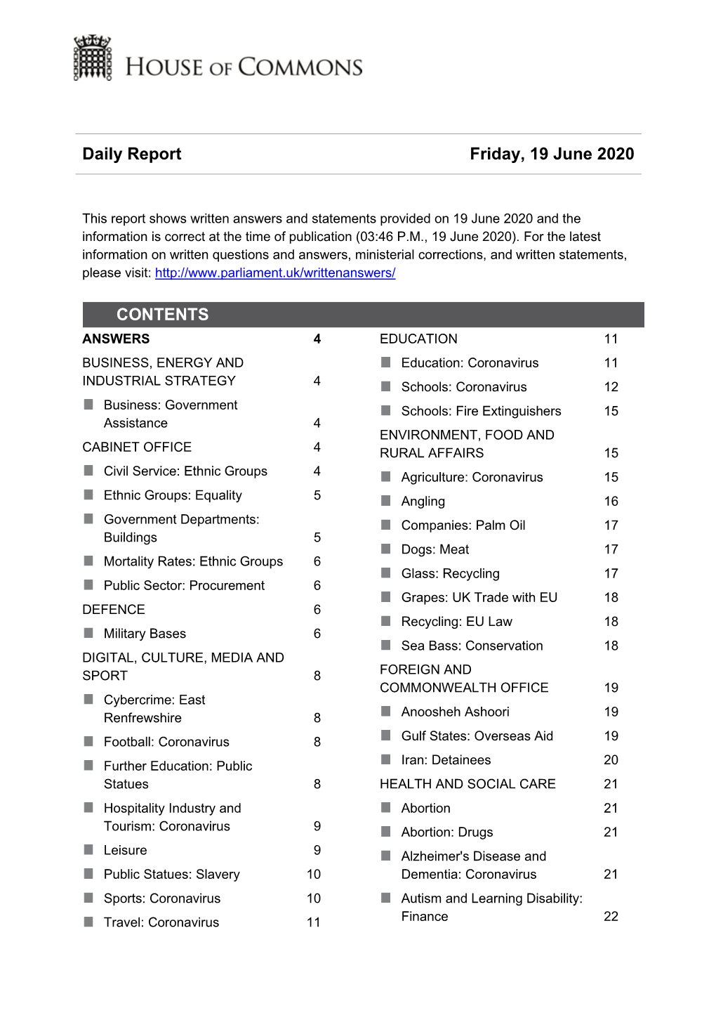 Daily Report Friday, 19 June 2020 CONTENTS