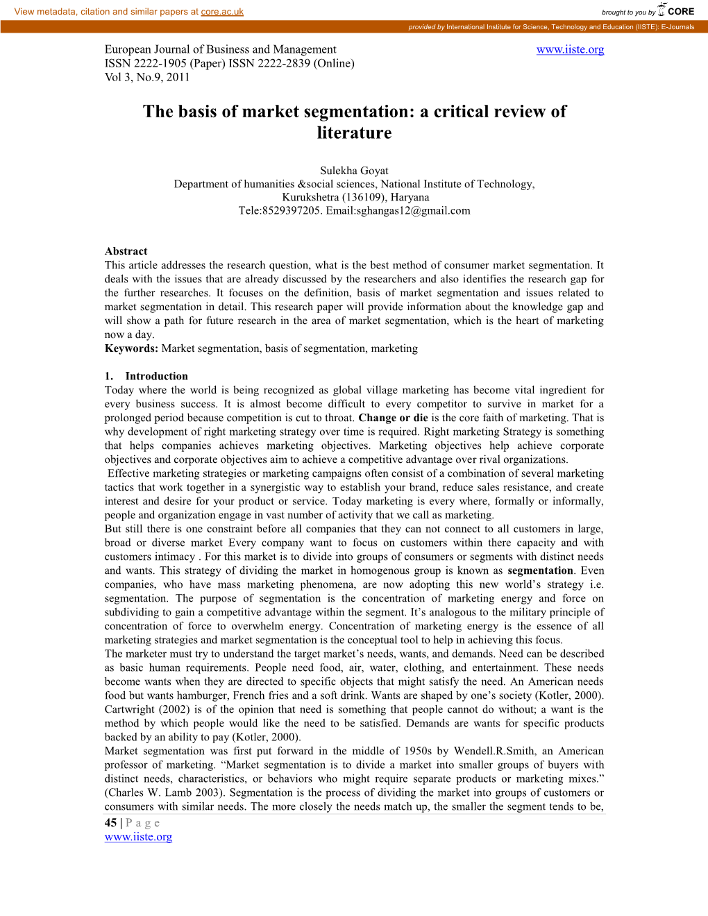 The Basis of Market Segmentation: a Critical Review of Literature
