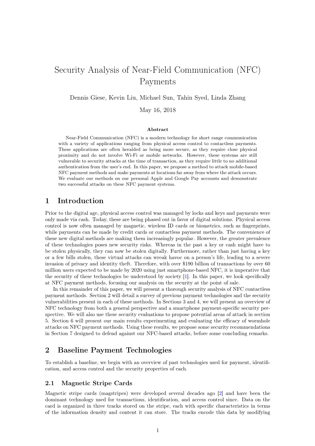 Security Analysis of Near-Field Communication (NFC) Payments