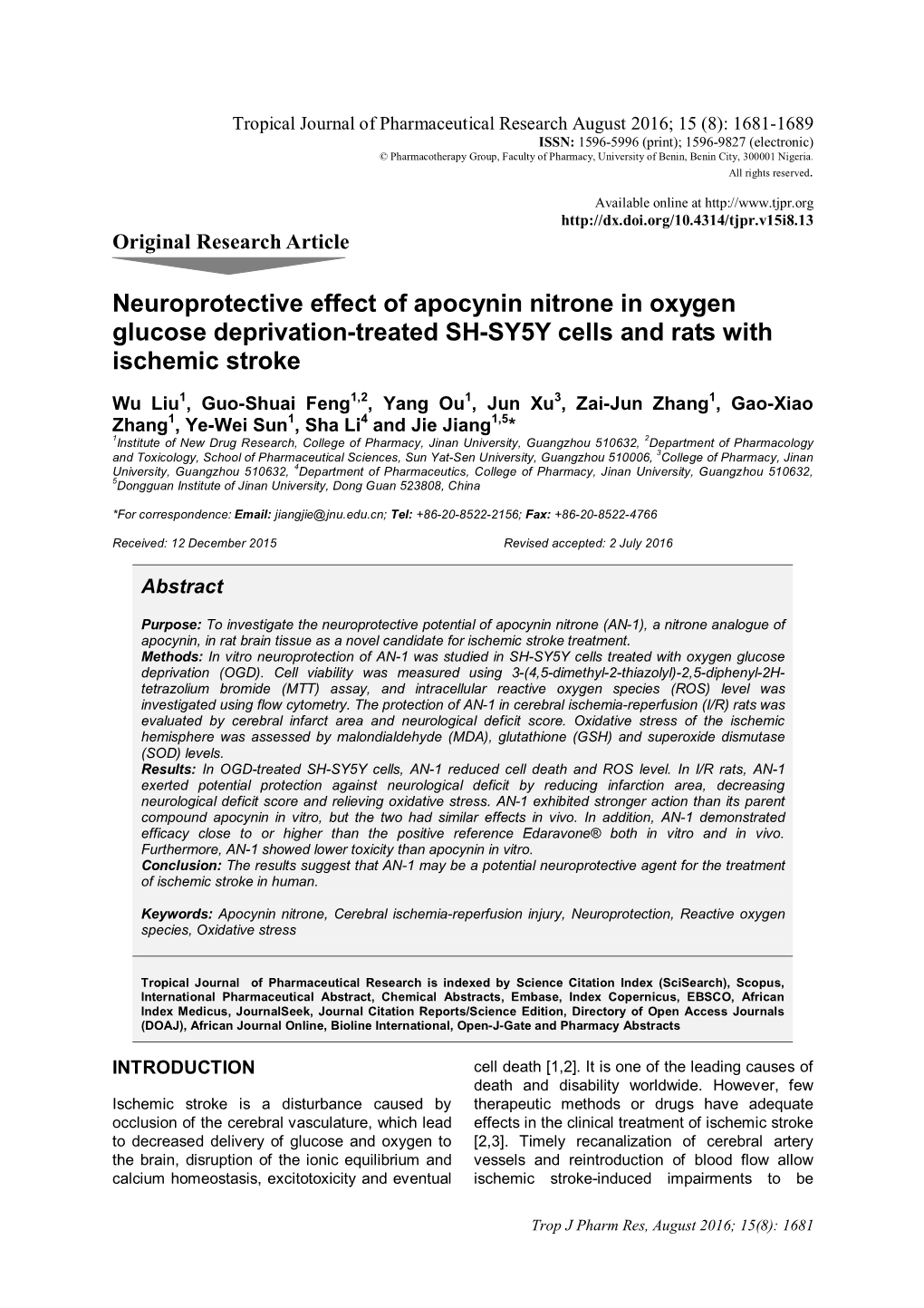 Neuroprotective Effect of Apocynin Nitrone in Oxygen Glucose Deprivation-Treated SH-SY5Y Cells and Rats with Ischemic Stroke