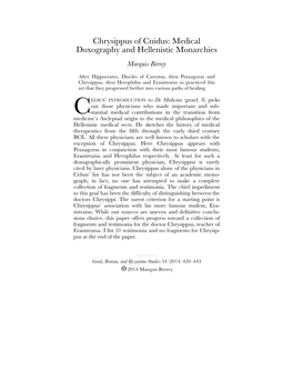 Chrysippus of Cnidus: Medical Doxography and Hellenistic Monarchies Marquis Berrey