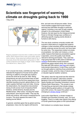 Scientists See Fingerprint of Warming Climate on Droughts Going Back to 1900 1 May 2019