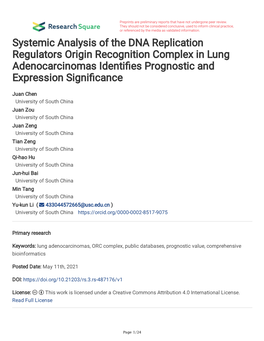 Systemic Analysis of the DNA Replication Regulators Origin Recognition Complex in Lung Adenocarcinomas Identifes Prognostic and Expression Signifcance