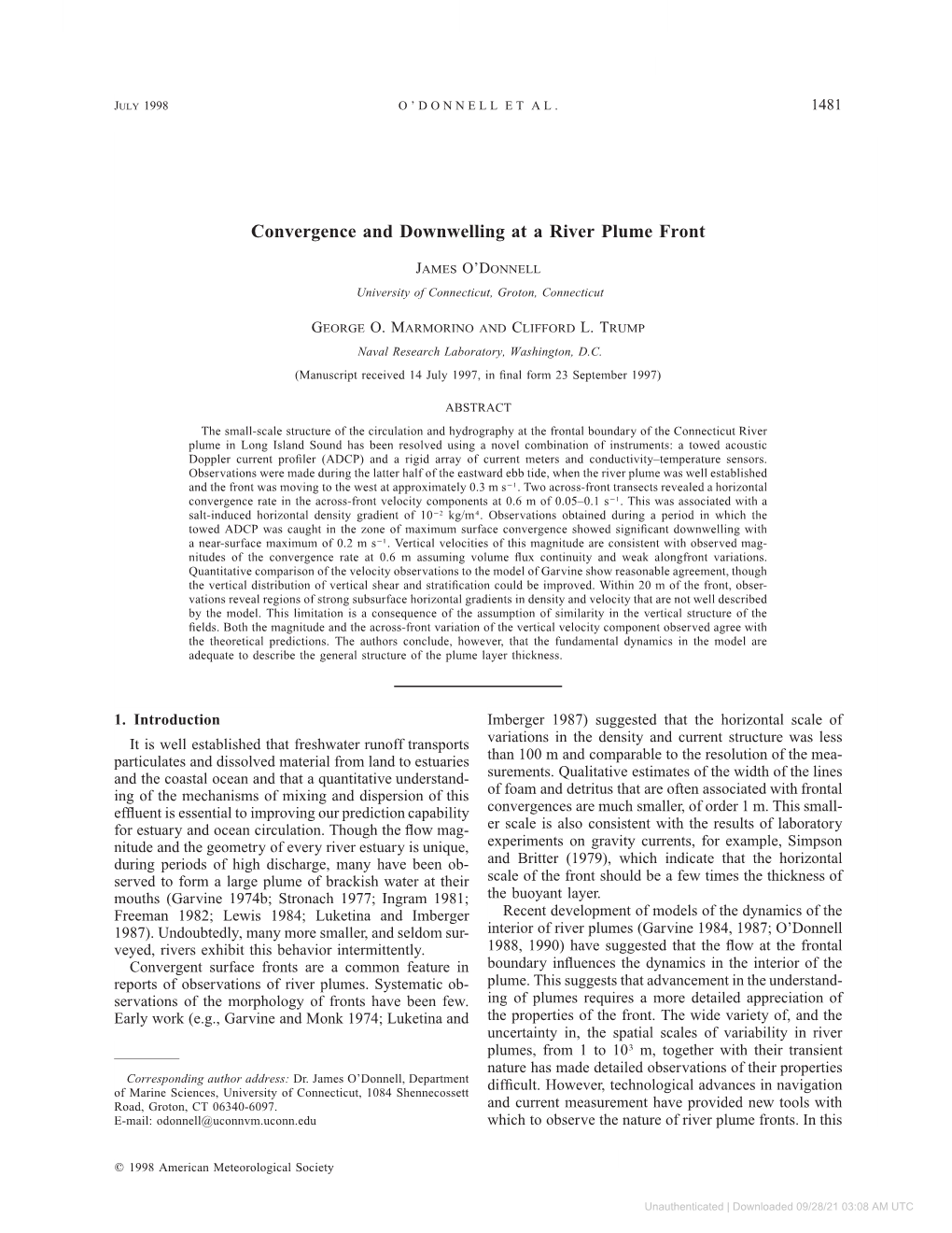 Convergence and Downwelling at a River Plume Front