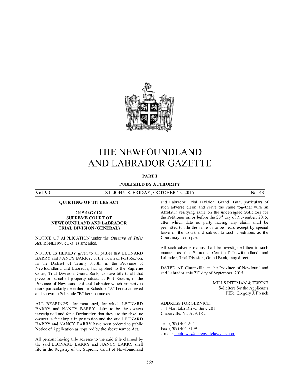 The Newfoundland and Labrador Gazette