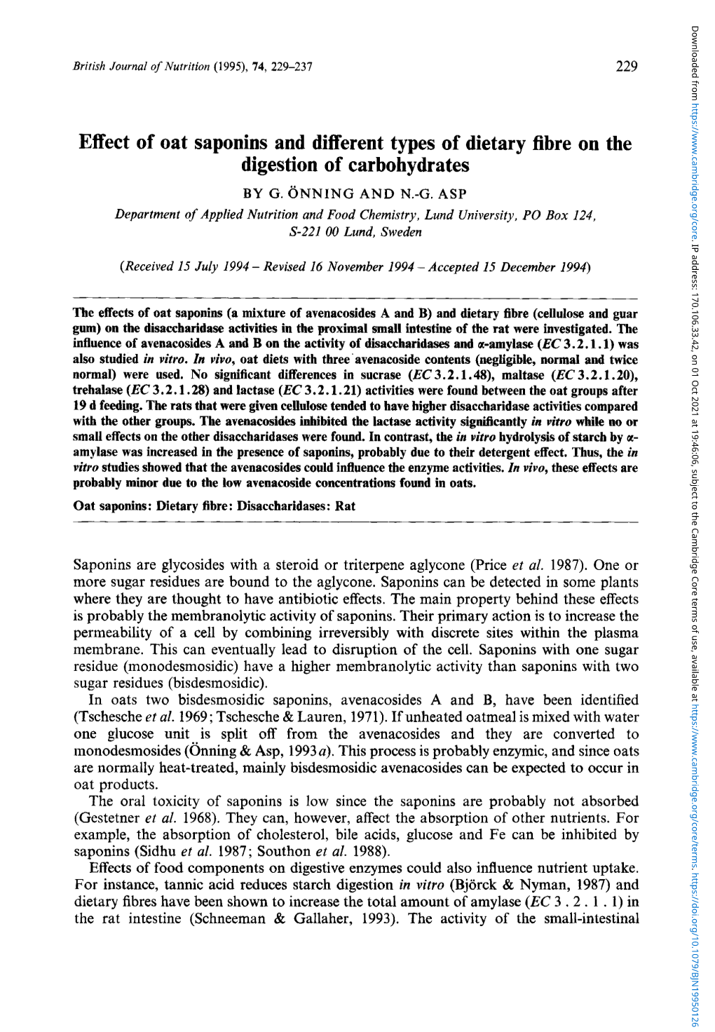 Effect of Oat Saponins and Different Types of Dietary Fibre on the Digestion of Carbohydrates by G