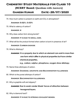 Chemistry Study Materials for Class 10 (NCERT Based: Questions with Answers) Ganesh Kumar Date:- 28/07/2020