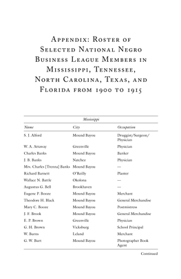 Appendix: Roster of Selected National Negro Business League Members in Mississippi, Tennessee, North Carolina, Texas, and Florida from  to 