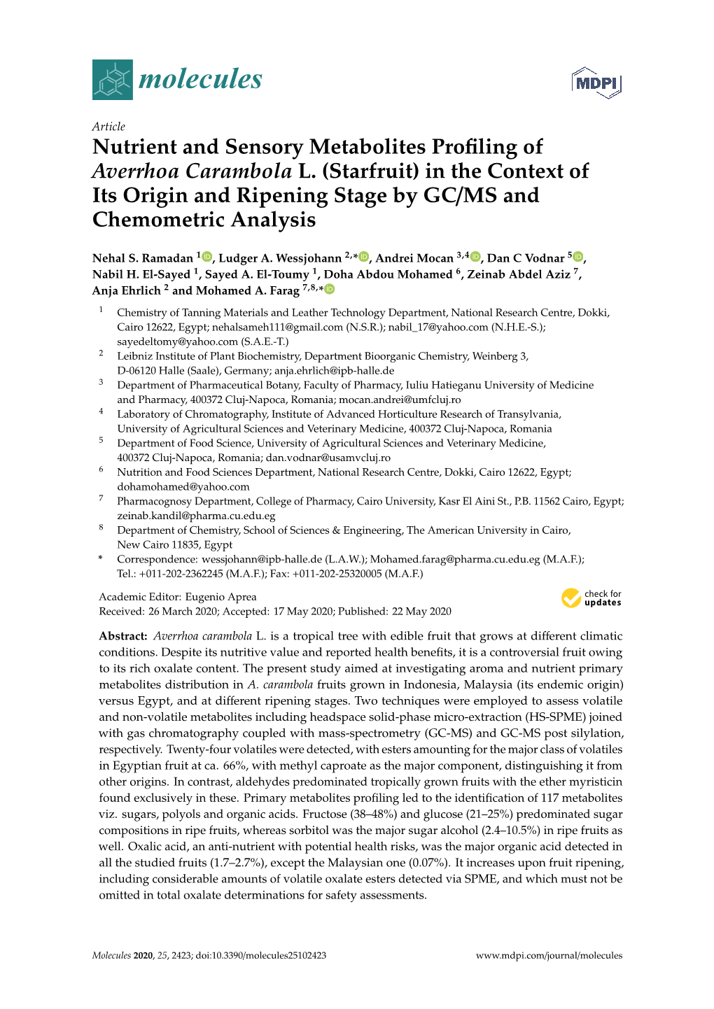 Nutrient and Sensory Metabolites Profiling of Averrhoa Carambola L.(Starfruit) in the Context of Its Origin and Ripening Stage by GC/MS and Chemometric Analysis