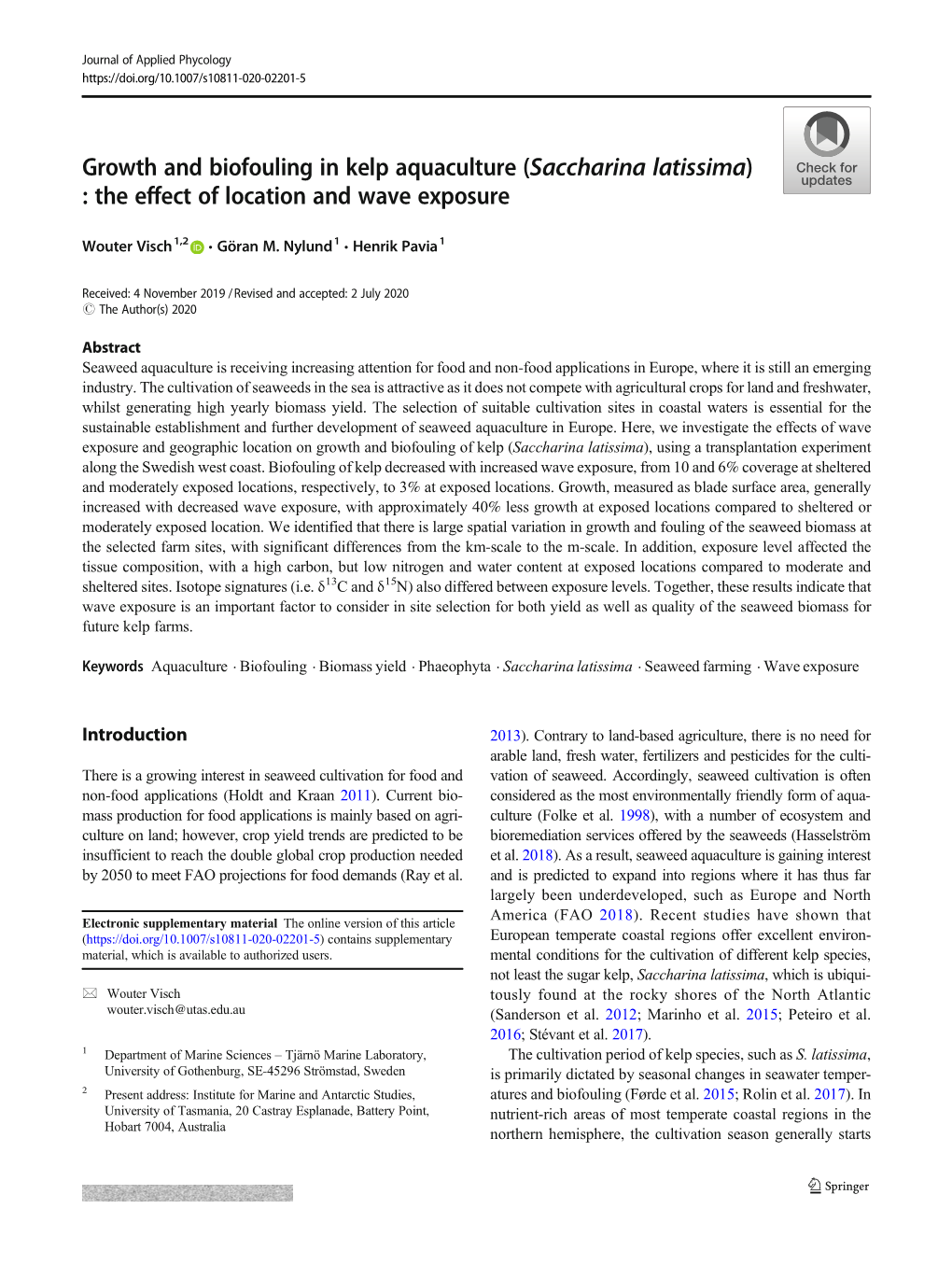 Growth and Biofouling in Kelp Aquaculture (Saccharina Latissima) : the Effect of Location and Wave Exposure