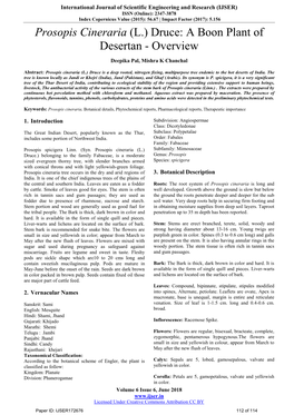 Prosopis Cineraria (L.) Druce: a Boon Plant of Desertan - Overview