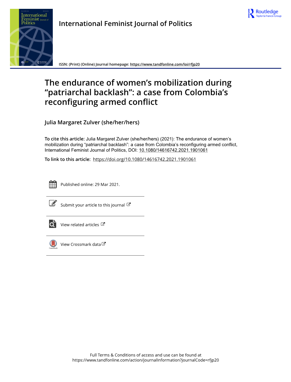 The Endurance of Women's Mobilization During “Patriarchal Backlash”: a Case from Colombia's Reconfig