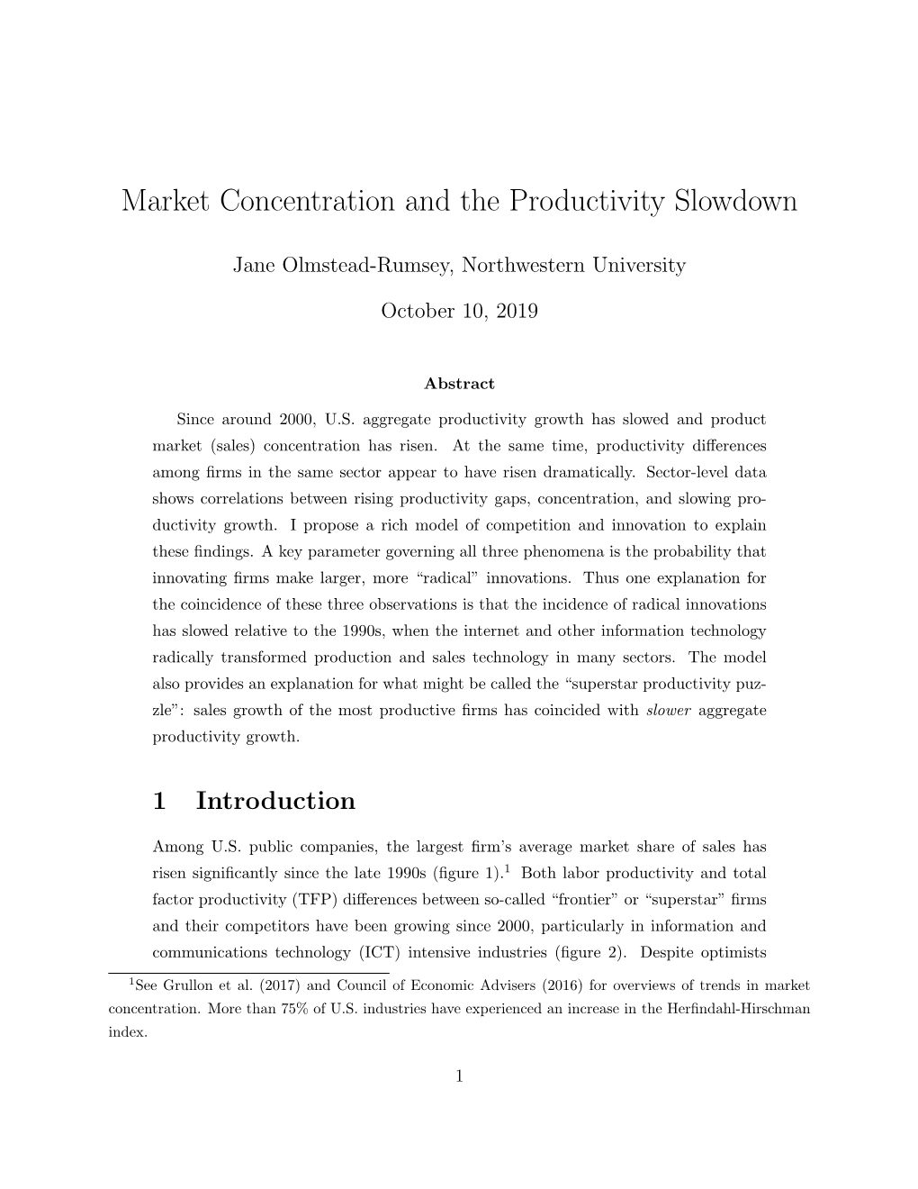 Market Concentration and the Productivity Slowdown