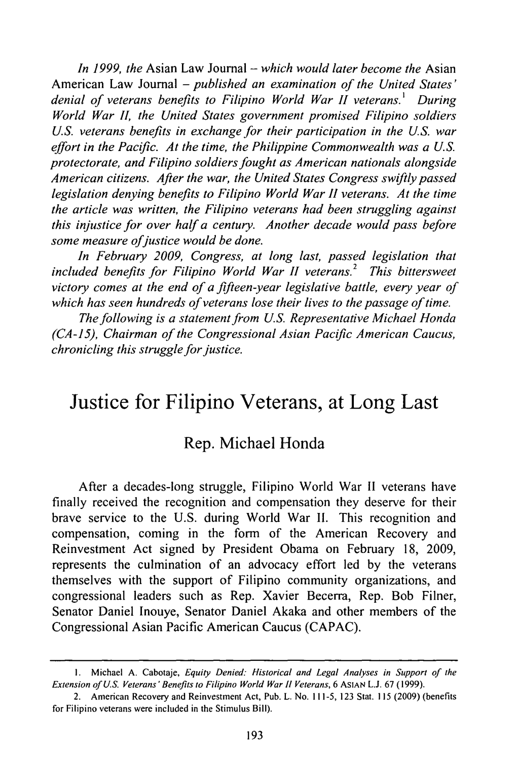 Justice for Filipino Veterans, at Long Last