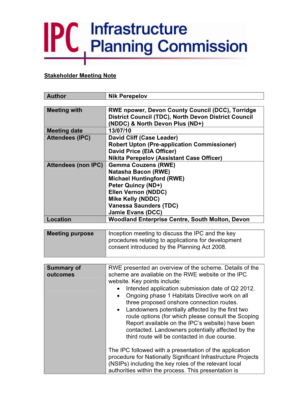 Stakeholder Meeting Note Author Nik Perepelov Meeting with RWE Npower, Devon County Council (DCC), Torridge District Council