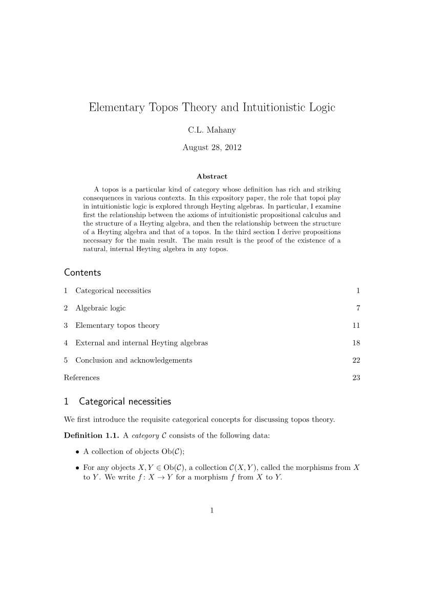 Elementary Topos Theory and Intuitionistic Logic