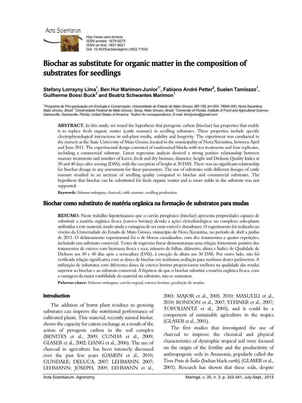 Biochar As Substitute for Organic Matter in the Composition of Substrates for Seedlings