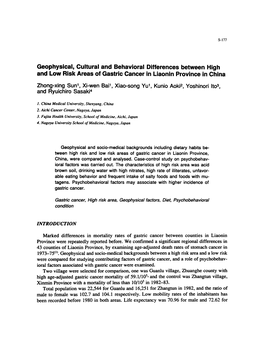 Geophysical, Cultural and Behavioral Differences Between High and Low Risk Areas of Gastric Cancer in Liaonin Province in China