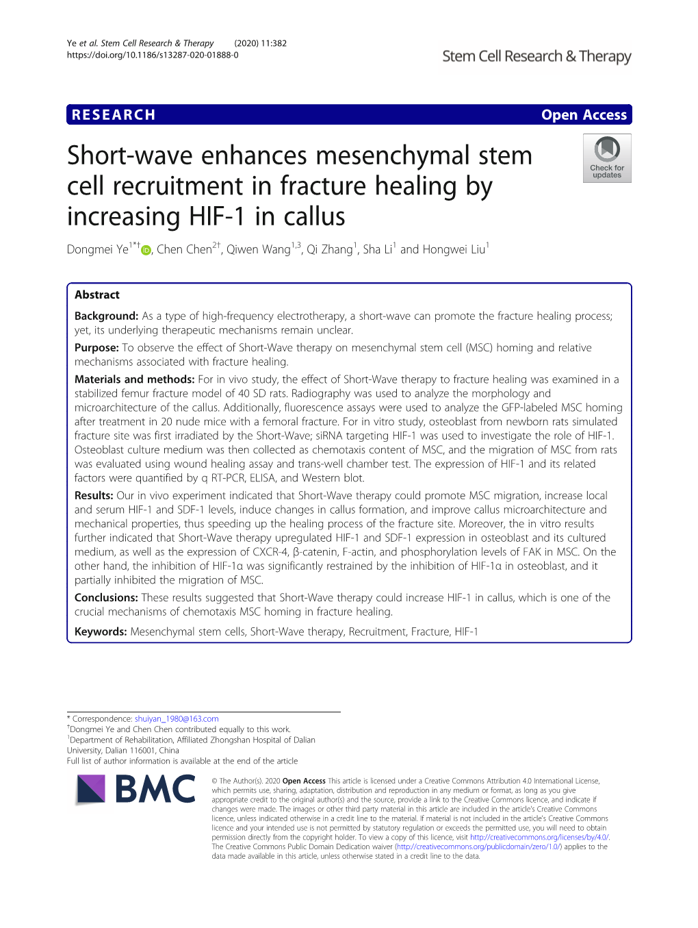 Short-Wave Enhances Mesenchymal Stem Cell Recruitment in Fracture Healing by Increasing HIF-1 in Callus