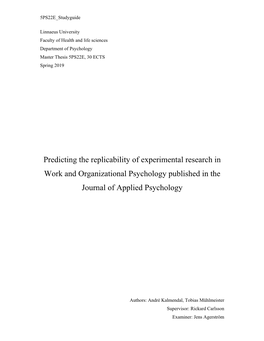 Predicting the Replicability of Experimental Research in Work and Organizational Psychology Published in the Journal of Applied Psychology