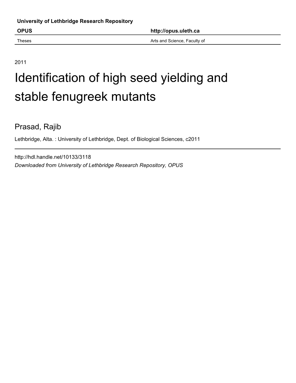 Identification of High Seed Yielding and Stable Fenugreek Mutants