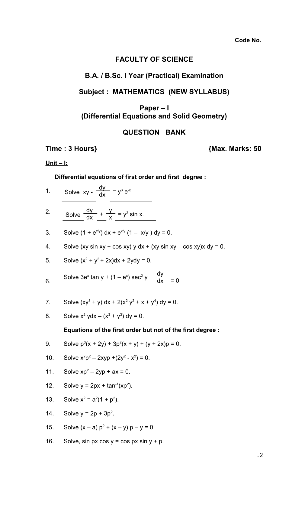 B.A. / B.Sc. I Year (Practical) Examination